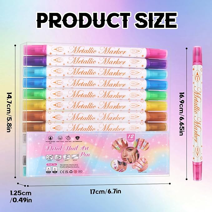 Kalolary 12 Colors Nail Art Pens Set, Nail Polish Pens Double-Ended Acrylic Paint Pen Nail Art Markers Quick-Dry Nail Art Tools for Dotting Drawing Painting DIY Nail Art Beauty Manicure（J）