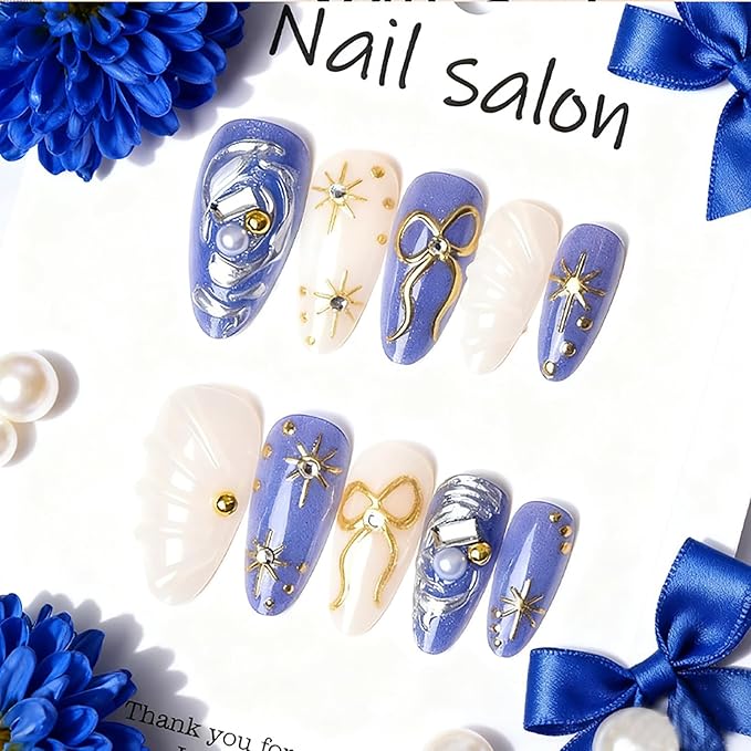 24pcs Blue Press on Nails Medium Almond Fake Nails with 3d Gold Bow Star Rhinestones Designs Glue on Nails Blue Full Cover Artificial False Nails Reusable Acrylic Nail for Women Nail Decor Supplies