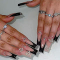 Black French tips Press on Nails Long Square Fake Nails with Silver Bow Charms Design Glitter Glue on Nails Rhinestone False Nails Glossy Reusable Fingernails for Women Girls Manicure 24pcs