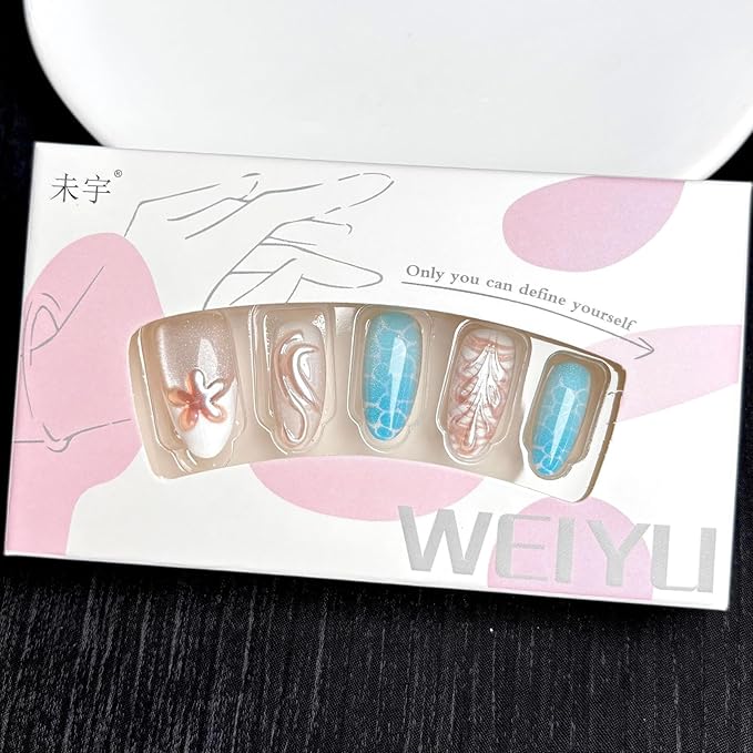 30Pcs Handmade Press on Nails Medium Almond Fake Nails 3D Gold Beads Stick on Nail French Tip Ocean False Nails with Shell Water Ripples Designs Reusable Full Cover Acrylic Nail for Women