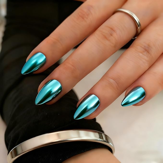 Chrome Press on Nails Short Almond, Metallic Teal Green Fake Nails with a Sparkle Mirror Finish, Glitter Glue on Nails for Women Birthday Party, Thick Quality Soft Gel Nail Press ons 30 Pcs