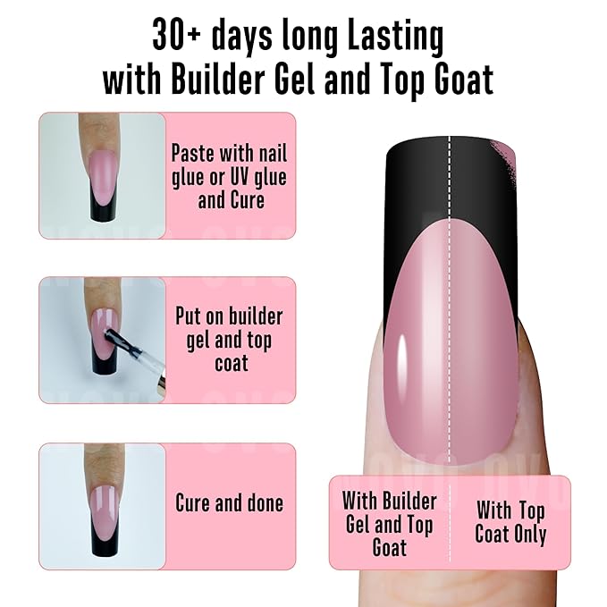 NOVO OVO Halloween Black French Tip Nail Tips Slightly Curved Medium BERRY PINK Full Cover for Press on Acrylic, Extra Thick M Soft Gel False Nail, need Builder Gel Top Coat, for DIY 15 Sizes 240 pcs