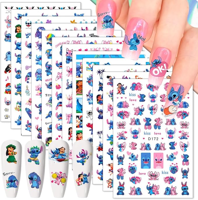 12 Sheets Blue Monster Nail Stickers Decals 3D Cartoon Pink Blue Animal Self Adhesive Nail Design Stickers Supply Cute Blue Animal Flowers Heart Nail Decals for Women Girls and Kids DIY Manicure