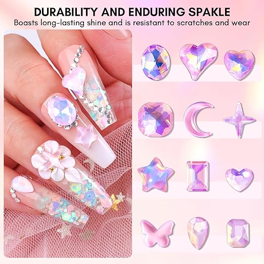 Makartt Nail Charms Rhinestone Glue Kit, 15ml Gel with 100PCS Pink Rhinestones Gems 3D Decor with Tweezer Acrylic Supply for Nails Techs