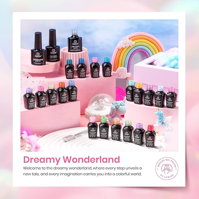 Beetles Gel Nail Polish Set, 24 Pcs 20 Colors Rainbow Pastel Neon Cat Eye Pink Purple Glitter Red Green Gel Nail Polish Kit Soak Off UV with Base Coat Top Coat Gift for Women Dreamy Wonderland