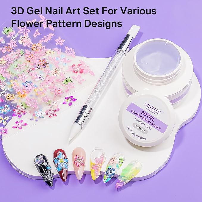 MIZHSE Clear 3D Nail Sculpting Gel, Solid Molding Gel with 4pcs Flower Nail Art Stickers for Nail Art Designs Salon DIY Use