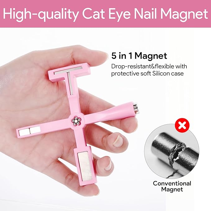 5 Pcs Cat Eye Magnet for Nails Polish, 3-in-1 Nail Art Magnet Pen set Magnetic Cat Eye Gel Nail Polish Accessories Art Design Kit Tools, Multifunctional Magnet for Cat Eye Gel Polish Set for Home Pink