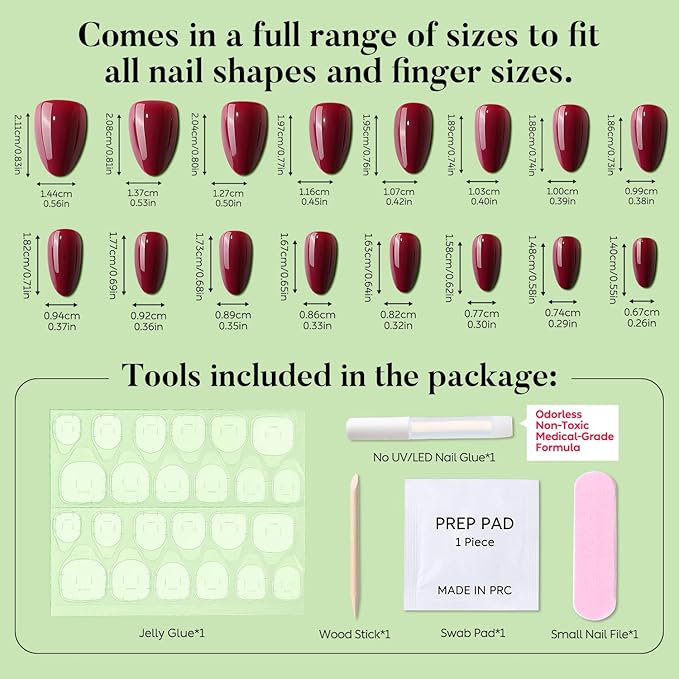 Luxbon Short Almond Press On False Nails with No-Cure Nail Glue and Tool Kit – Stick On Nails Soft Gel Tips 25-30pcs Full Size Set, Reusable Fake Nails for Women, Salon Look at Home, Burgundy