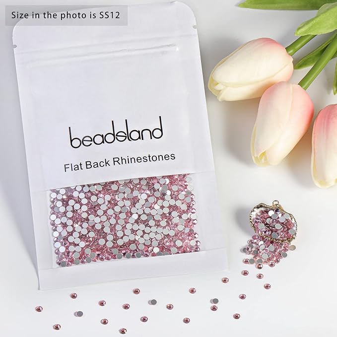Beadsland Flat Back Crystal Rhinestones Round Gems for Nail Art and Craft Glue Fix, Light Pink, 3.0-3.2mm, SS12/1440pcs