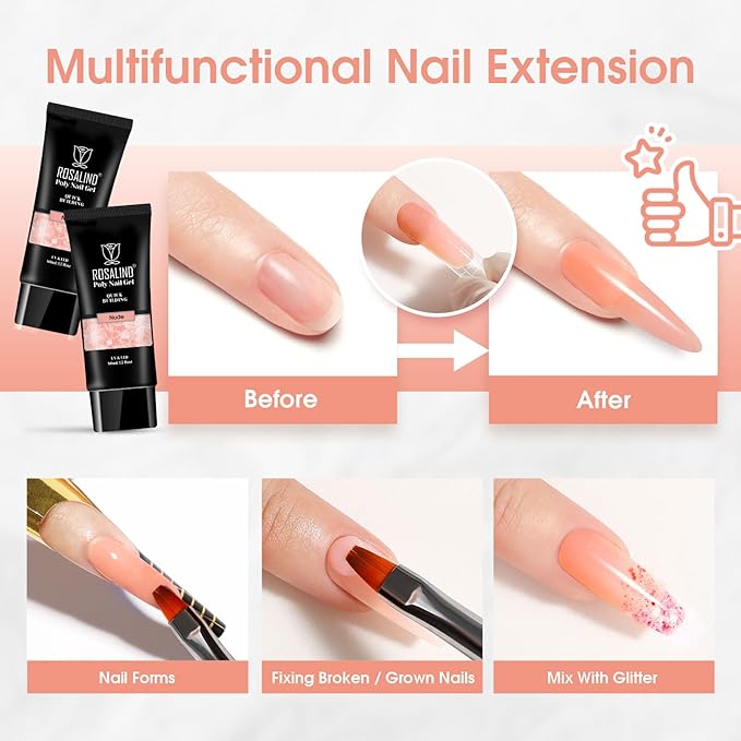 Nude Poly Extension Gel, ROSALIND 2.7 oz Peach Nude Poly Nail Gel Builder for Nail Art Decoration, Nail Thickening Extension Easy to DIY Use at Home Need UV Lamp
