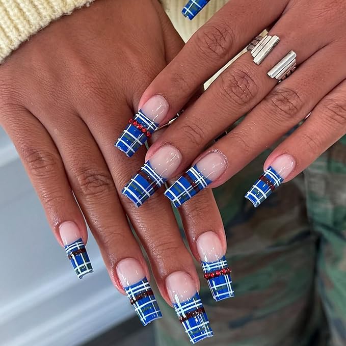 Long Square Press on Nails,Handmade Acrylic Press on Nails with Designs，Long Press on Nail for Women 24pcs