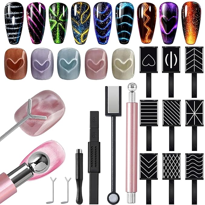 14Pcs Cat Eye Magnet For Nails Magnet Tool Set With 2 Pcs Y-Shape Iron Molds, Double-Side Cylinder And Bead Cat Eye Gel Nail Polish Magnet For Nails Different Magnet Sticks Design Tools