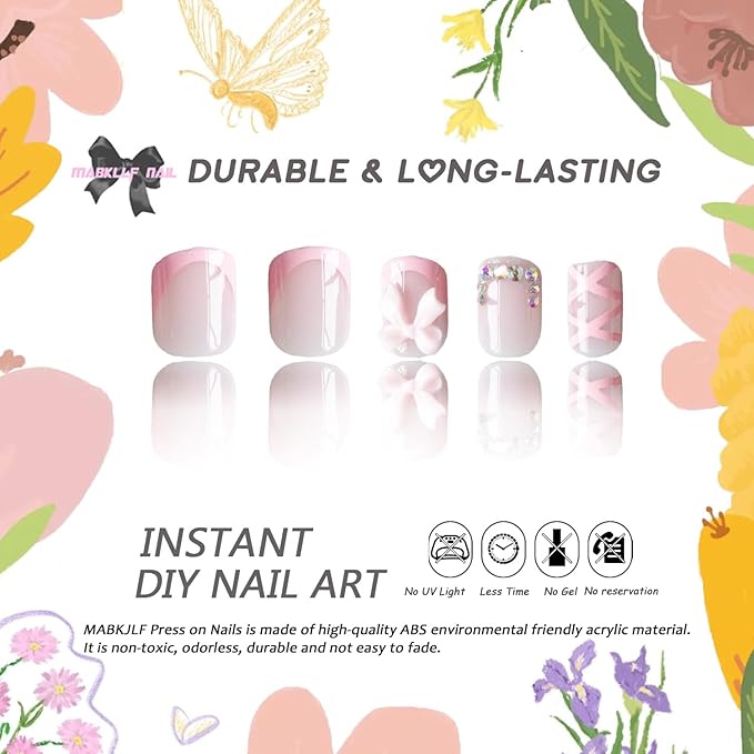 Pink French Tip Short Square Press on Nails MABKJLF Cute Fake Nails False Nails with Bow Rhinestones Designs Full Cover Glossy Glue on Nails Stick on Nails for Women Girls 24Pcs