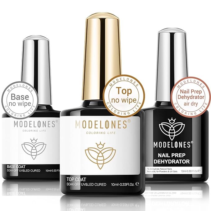 modelones Gel Base and Top Coat with Nail Dehydrator Set No Wipe Diamond Super Shiny Top Coat Nail Art Prep Kit