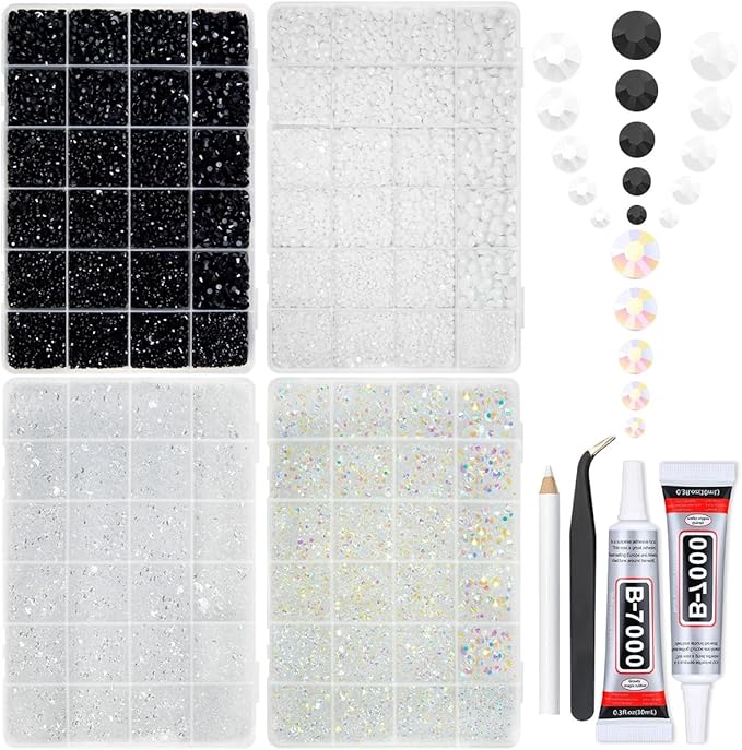 4 Colors 2-6mm Black White Transparent Jelly Resin Rhinestones w B7000 Jewelry Glue for Bedazzling Crafting Flatback Stones Gems Diamonds for Nails Face Eyes Makeup Tumblers Bottles DIY Crafts