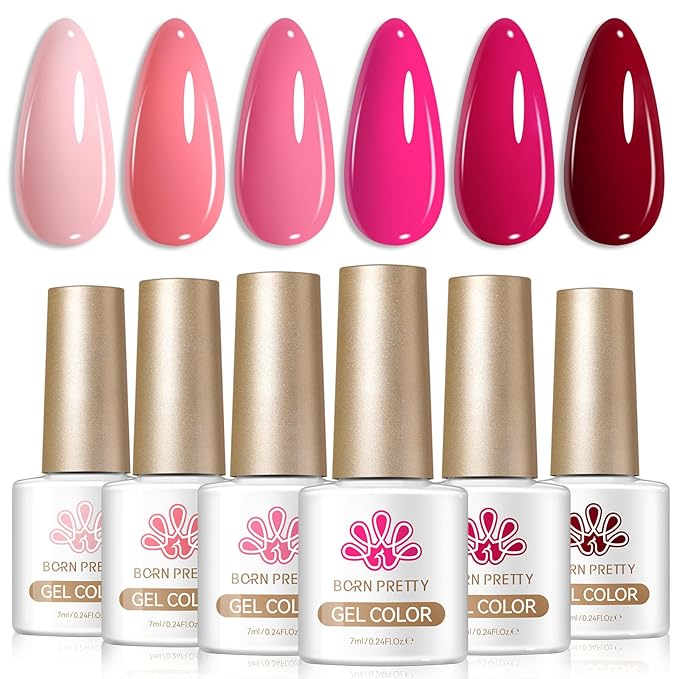 BORN PRETTY Pink Gel Nail Polish Set 6 Colors,Valentine's Day Gift From Light Pink to Bright Neon Hot Pink Sweet Lovely Red Color Gel Polish Kit for Salon Manicure and Nail Art DIY at Home