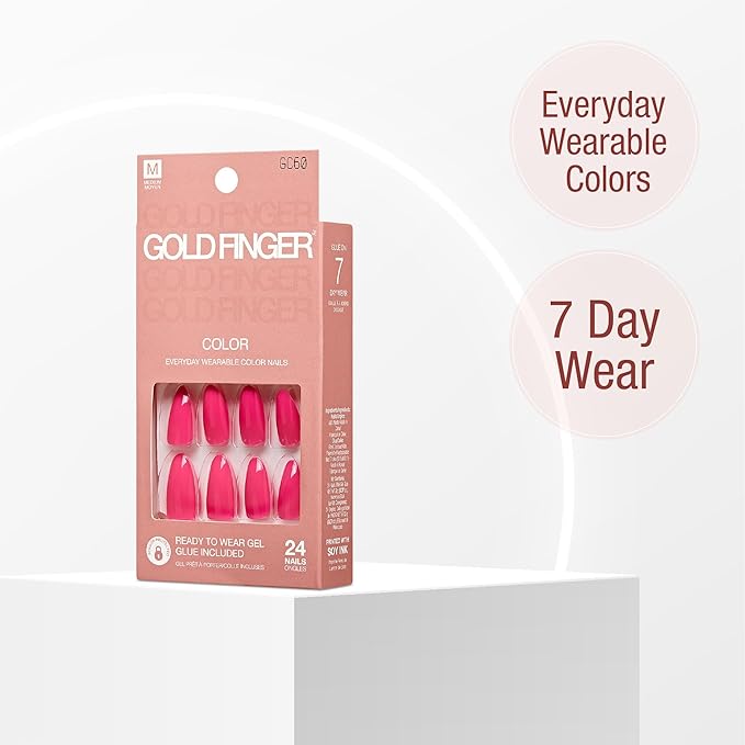 GoldFinger 24 Pcs Press On Nails, Medium Almond Fake Nails, Hot Pink Gel Stick On Extensions, Reusable DIY Full Cover False Nail Kit with Glue, Manicure Stick & File, 7 Day Durable & Long Lasting Wear