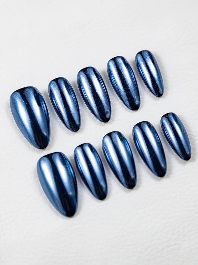 10 Pieces Handmade Press On Nails Medium Almond, Metallic Blue Thickened False Nails, Reusable Fake Nails Almond, Reusable Acrylic Nails (M)