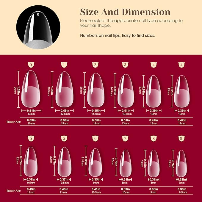 264PCS Half Matte Almond Fake Nail Tips, ROSALIND Clear Full Cover Medium False Nails Shape Soft Almond Gel Nail Tips12 Sizes Kit Nail Tips Acrylic Press on Nails (One-Sided No File)