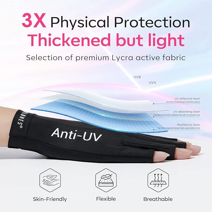 modelones Professional UPF99+ UV Protection Gloves and Rhinestone Glue for Nail, No Wipe Nail Gem Glue, Super Strong Adhesive Glue Gel with Nail Charms & Dual-Use Nail Brush for Nail Rhinestones/Nail
