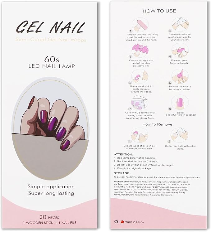 JMEOWIO Gel Nail Stickers Purple Laser Semi Cured Gel Nail Strips Wraps UV/LED Nails Art Design Decoration Accessories