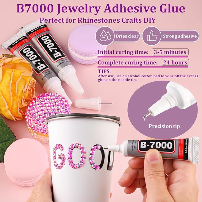 Resin Rhinestones for Crafting with 3Pcs 10ml B7000 Jewelry Glue, 1 Box Hot Pink AB Flatback Gems Crystals Diamond for Bedazzling Crafts DIY Nail Art Makeup, Gems for Clothing Tumblers Shoes
