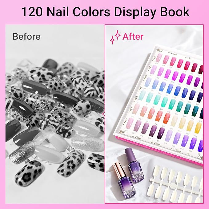 Segbeauty 120 Color Nail Swatches Polish Display Book, Pink Nail Color Display Book Sample, Nails Polish Organizer with 120 False Nails Tips, Gel Press On Nails Art Salon Supplies Holder Stand Case