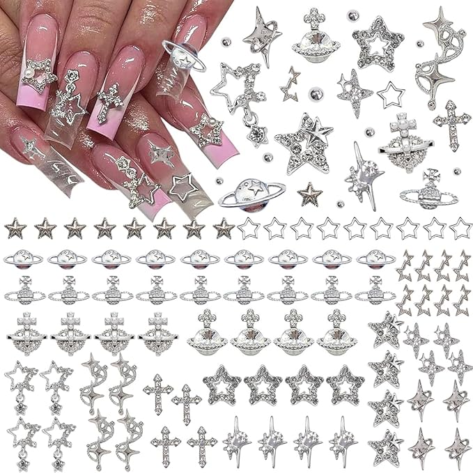 120+ Pcs Star Nail Charms Inlaid Rhinestones Gems, Silver Star Planet Cross Nail Art Decorations Shiny Jewelry for Acrylic Nail Accessories for Women Girl Manicure DlY Crafts Supplies