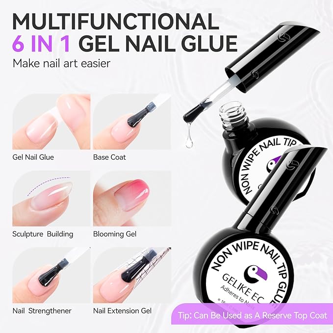 Gelike ec Gel Nail Glue for Women: UV Nail Glue Gel 6 in 1 Hema Free for Clear Acrylic Nails Tips - New Formula 12 Toxin-Free Super Strong DIY Home Salon Use 16ml