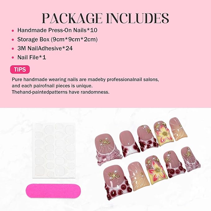 10Pcs Press on Nails Handmade Medium Duck Fake Nails 3D Flower Nails Press Ons wtih 3D Starfish Design Pink Leopard French Tip False Nails Luxury Reusable Acrylic Stick on Nail for Women (Size M)