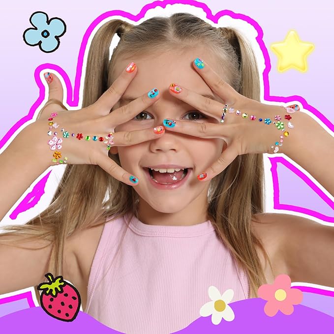 FANDAMEI Press On Nails for Girls, 12 Style Ombre Glitter Press On Nails for Kids, 6 Sheet Star Strawberry Bow Flower Nail Stickers for Kids, Colorful 3D Gem Stickers Face Gems, Nail Art Kit for Girls