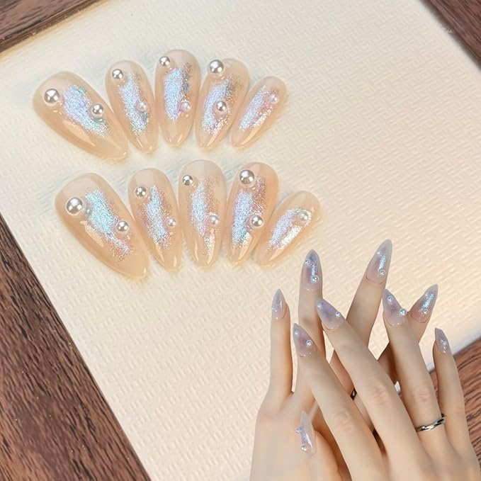 Press On Nails Short Round Fake Nails Handmade False Nails Pink Silver Glitter Powder Pearl Nail Charms With Designs,Acrylic Nail Kit Gel Nails,Reusable Stick on Nails for Women 10pcs M