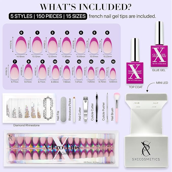 SXC Cosmetics French Tip Press On Nails – Purple Series, Short Almond, X-Pro Tips Starter Kit | 160PCS, 16 Sizes, 5 Styles, Beginner-Friendly