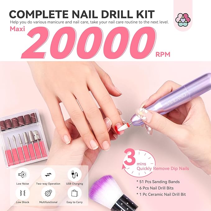 SAVILAND Dip Powder Nail Kit with Drill: 6 Color Winter Dip Nails Powder Starter Kit Pink Nude Glitter Clear with Liquid Set Base Top Activator French Manicure Beginner DIY Home Christmas Gift