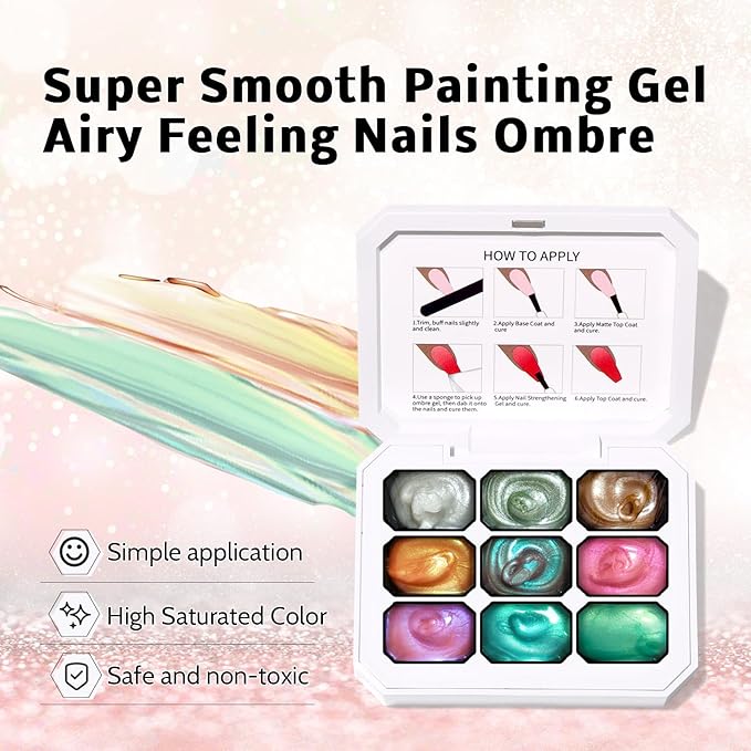 Christmas Pearl Gel Nail Polish, 9 Colors Glitter Ombre Gel Polish Palette Pat Paint Aurora Mermaid Gold Silver Green Pink Sparkle Reflective Holographic, 100Sponges 6Brushes 1Grabber (Set 12)