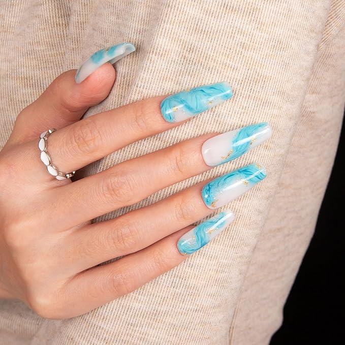 LOVFUL Press on Nails Blue Bay Wave French Tip | Handmade with Full Covered Crystals | Reusable Full Cover Nails | Coffin Classic Regular 1.3 in | H63-S