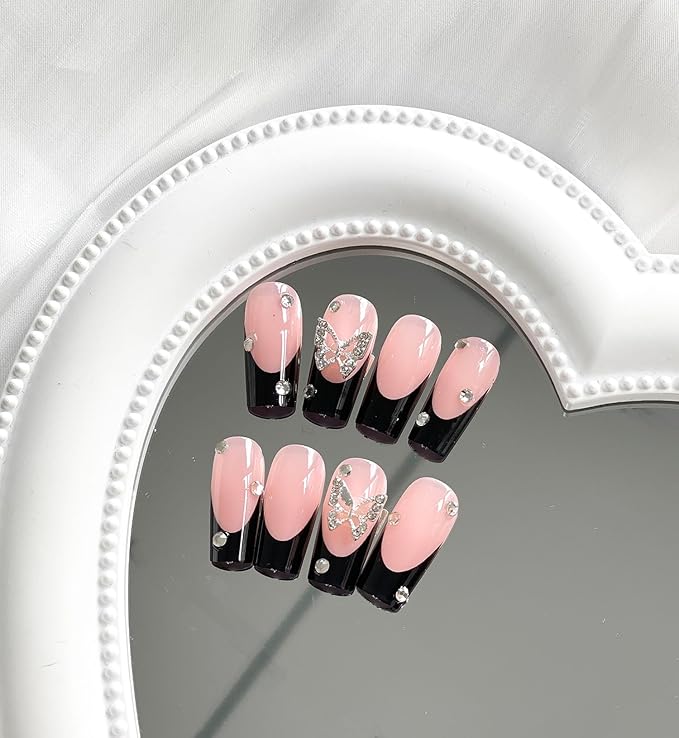 24Pcs Black French Tip Press on Nails Square Long Fake Nails Pink Full Cover Glue on Nails with Rhinestones Butterfly Charm Designs Acrylic Artificial Nails Glossy Stick on Nails for Women Girls