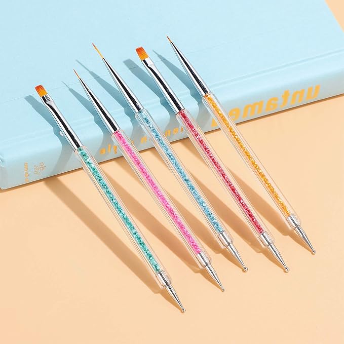 TEOYALL Double-Ended Nail Art Brushes, 5 PCS Nail Design Tools Kit Including Nail Liner Brush and Nail Dotting Pens for UV Gel Nail Home Salon