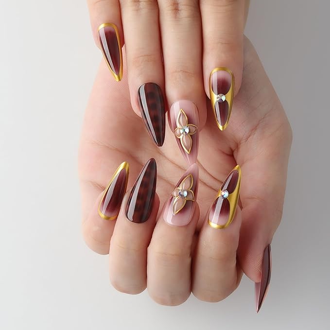 3D Brown Flowers Press On Nails Almond Short, 3D Pattern Designer Reusable Acrylic Nails Press Ons, Fake Nails With Glue On, Daily Wear Floral False Nails For Women