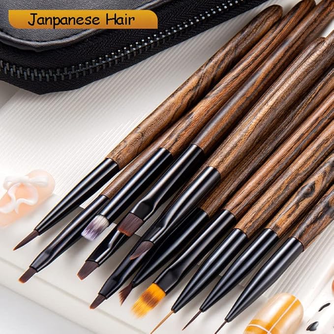 Nail Art Brushes Set, 12 Peices Professional High-end Sandalwood Nail Art Design Pen Painting Tools with Leather Pouch, Nail Art Liner Brush and Nail Dotting Pen for Gel Polish Manicure Salon DIY at Home (Coffee)