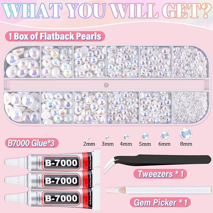 Flatback Pearls for Crafting with 3Pcs 10ml B7000 Jewelry Glue, 1 Box of Half Round White AB Pearls, Bedazzling Beads for DIY Crafts Clothing Tumblers Shoes Embellishment Nail Art