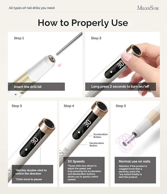 MelodySusie Pen-Shaped Ultra-Slim Cordless Nail Drill,PM180G 30000RPM Portable Rechargeable Electric File with Rotary Lock Design for All Manicure,Shaping & Acrylic Gel Removal for Advanced Home Use