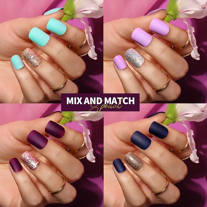 Teenitor Matte Acrylic Short Square Fake Nails, 360Pcs Full Cover, Glitter Press-On False Nails