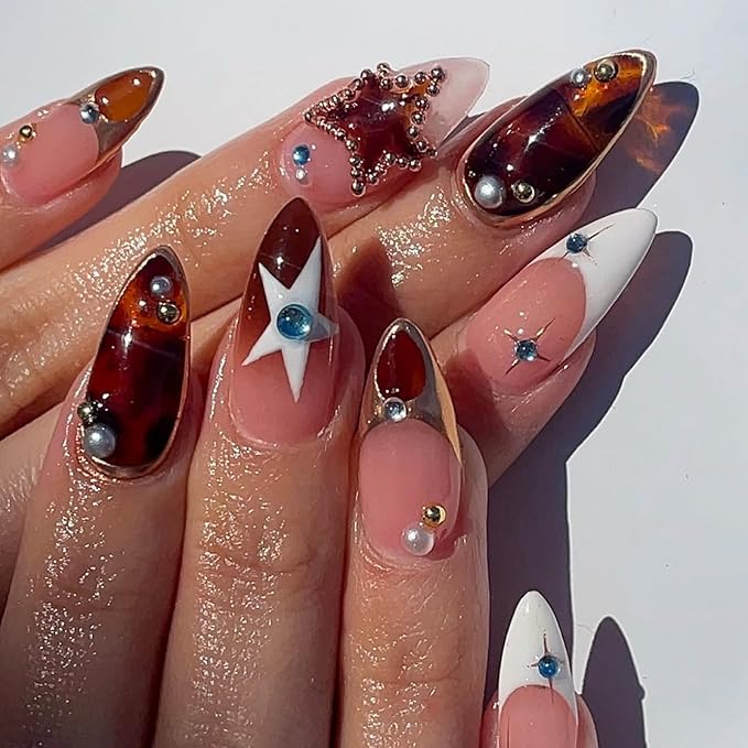 Almond Press on Nails Medium Length MABKJLF French Tip Fake Nails Amber False Nails with Stars Pearls Designs Stick on Nails Glossy Glue on Nails for Women Girls 24Pcs