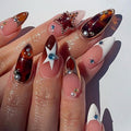 Almond Press on Nails Medium Length MABKJLF French Tip Fake Nails Amber False Nails with Stars Pearls Designs Stick on Nails Glossy Glue on Nails for Women Girls 24Pcs