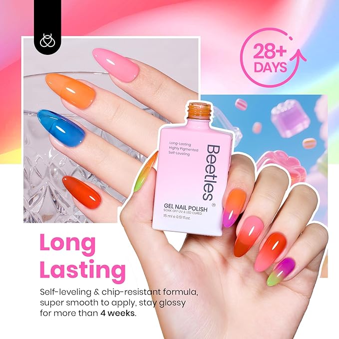 Beetles Jelly Gel Nail Polish Set, 6 Colors Hema Free Summer Neon Gel Polish Yellow Pink Red Blue Purple Orange 15ML Full Size Sheer Translucent Effect Soak Off UV Colorful Bottle Gel Gift for Women