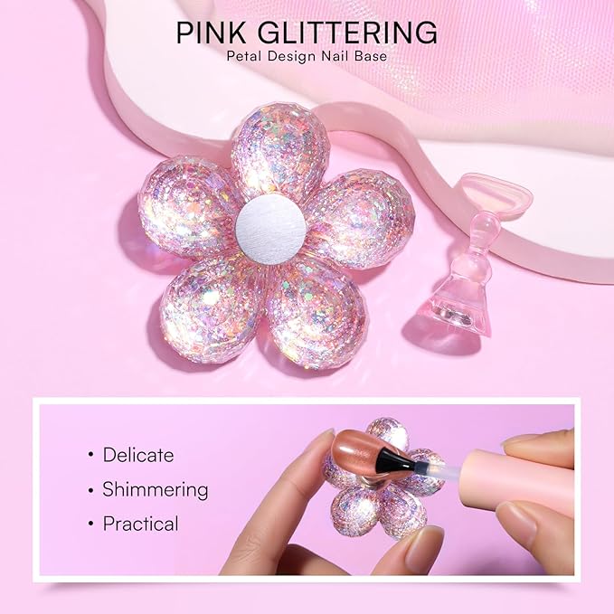Makartt Press on Nail Stand: Magnetic Nail Holder for Painting Nails DIY Pink for Art Display Practice, Pink Glitter Flower Fake Holder for Home Salon with Reusable Adhesive Putty