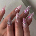 Handmade Press on Nails Medium Almond Fake Nails with Silver Bow Charm Design Pink French Tips Glue on Nails Pearl Water Ripple False Nails Glossy Reusable Summer Nails for Women Girls Manicure 24pcs