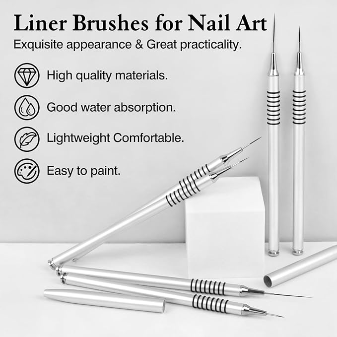 8pcs Metallic Nail Art Liner Brush Set – Fine Detail & Long Line UV Gel Painting Pens (Silver Non-Slip Handles)