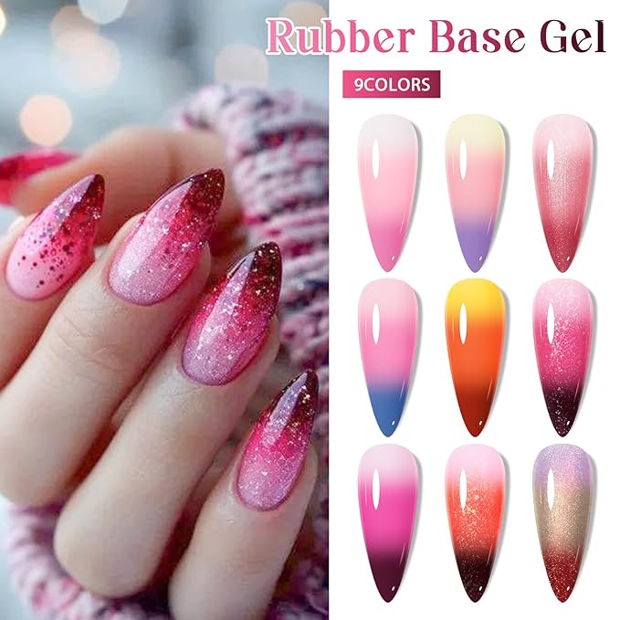 MEET ACROSS 12 Pcs Color Changing Rubber Base Gel Set, Mood Temperature Change Builder Base Nail Gel with Super Top Coat, Prep Dehydrator and Nail Primer, 2-in-1 Soak Off Base Gel Nail Strengthener